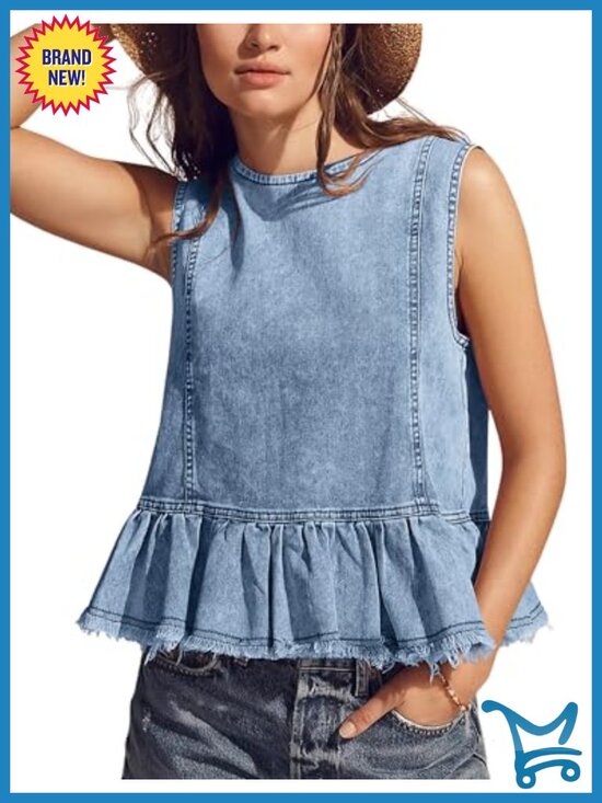 Jackets & Blazers - Sleeveless Denim Vest Button Back Crew Neck Ruffle Hem Swing Y2K Top